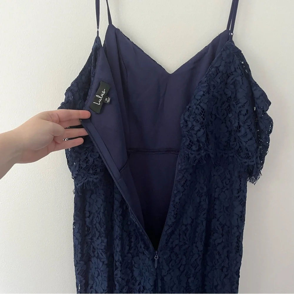Lulus Caterina Navy Blue Floral Off The Shoulder Slit Maxi Dress Medium - Picture 8 of 14